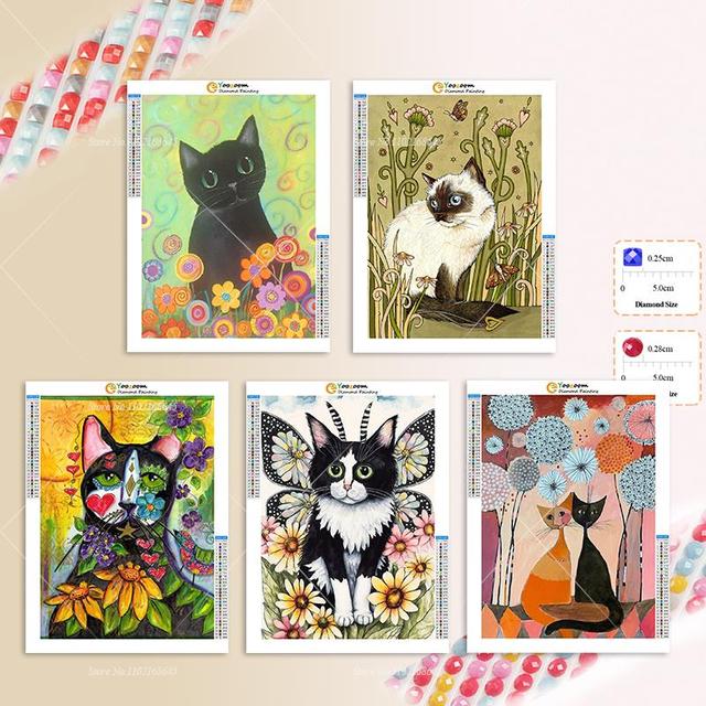 Diamond Painting New 5D Cartoon Cats Kid's Diamond Painting Cats and  Flowers Diamond Art Cats Play